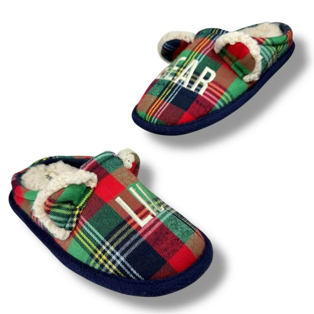 Dearfoams Lil Bear Kids Plaid Slippers Size 13/1 Sherpa Lined Cozy Cabincore